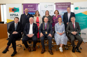 From L-R Back row: Michael O Brien, Innovation Manager WWETB, Liz Hore, Director of Services, Wexford County Council, Carolyne Godkin, Director of Services, Wexford County Council, Breege Cosgrave, Head of Economic Development, Wexford County Council, David Morrisey, Asst, Head of Department, SETU.
L-R Front row: Minister James Browne, Cllr. Garry Laffan, Chair of HPBA Board, Cathaoirleach of Wexford County Council, John Fleming,  Mandi Stewart, CEO HPBA and Eddie Taffe, Chief Executive Wexford County Council. 
